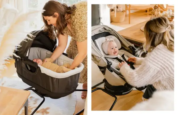 A mother adjusts her baby in a bassinet, mindful of the weight limit. Another mother secures her smiling baby in a stroller seat.