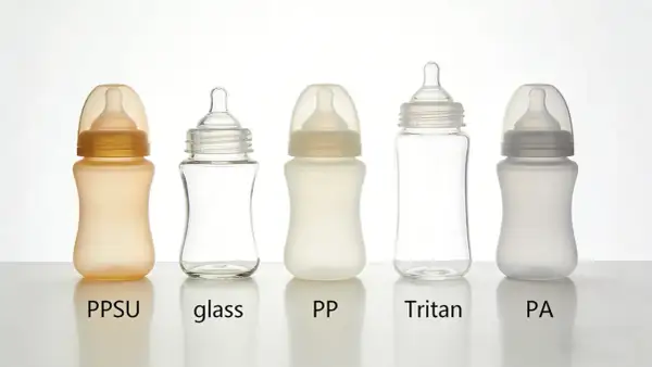 Five baby bottles: PPSU, glass, PP, Tritan, and PA. Choosing plastic baby bottles safe for your little one.