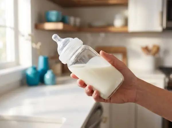 Hand holding a baby bottle filled with milk. The nipple appears to be a fast flow, indicating signs nipple flow is too fast.